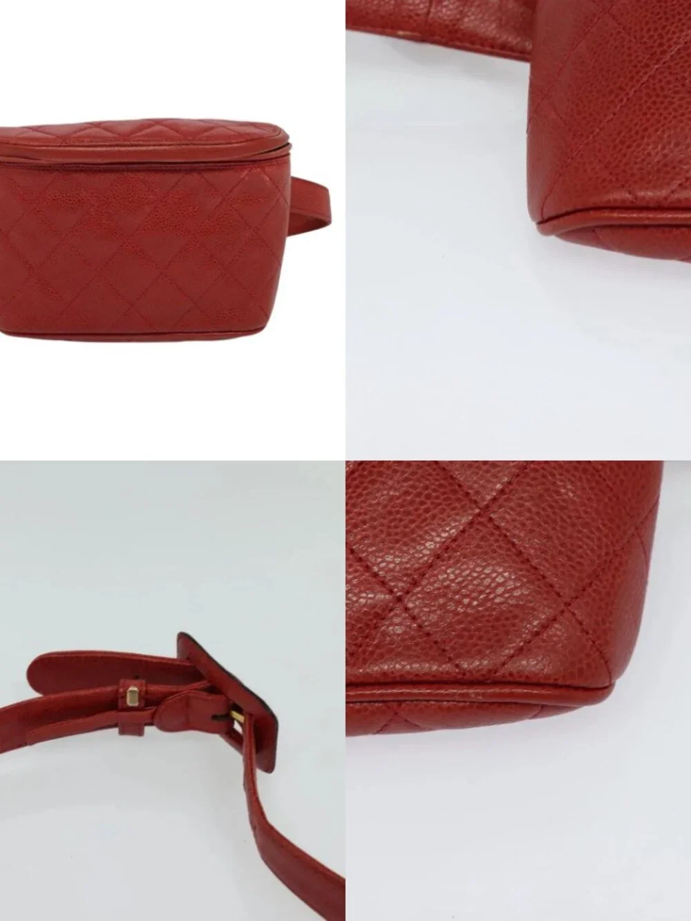 CHANEL Matelasse Waist bag Grained Calf Skin Red Gold CC Auth BD2190